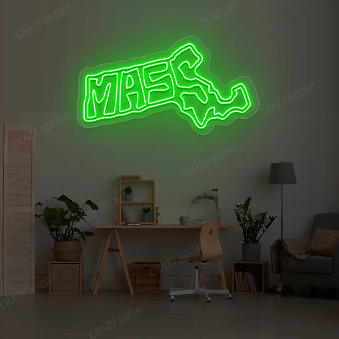 MASSACHUSETTS Map Neon Sign lighting up in green color in a room