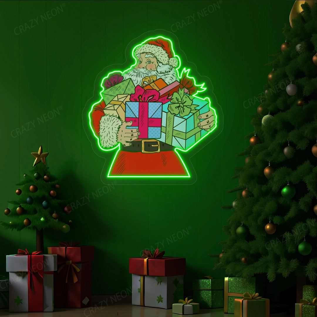 Santa Claus With Gift Neon Sign | Green