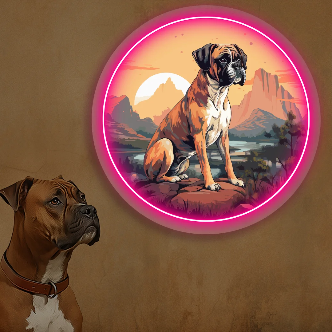 Desert Sunset Boxer Dog Neon Artwork in Pink Color