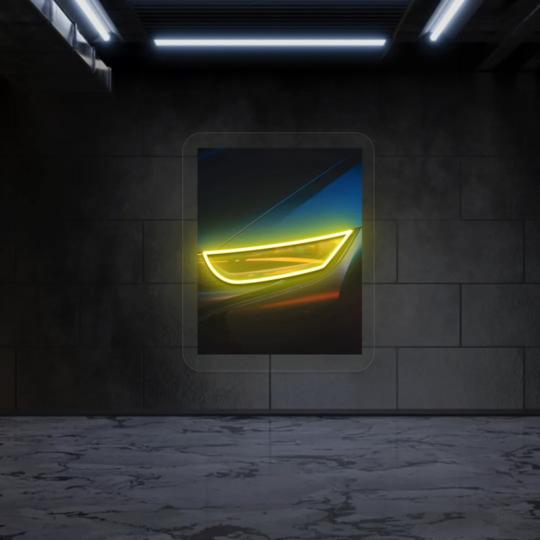 Sports Car Headlight Neon Artwork | Yellow