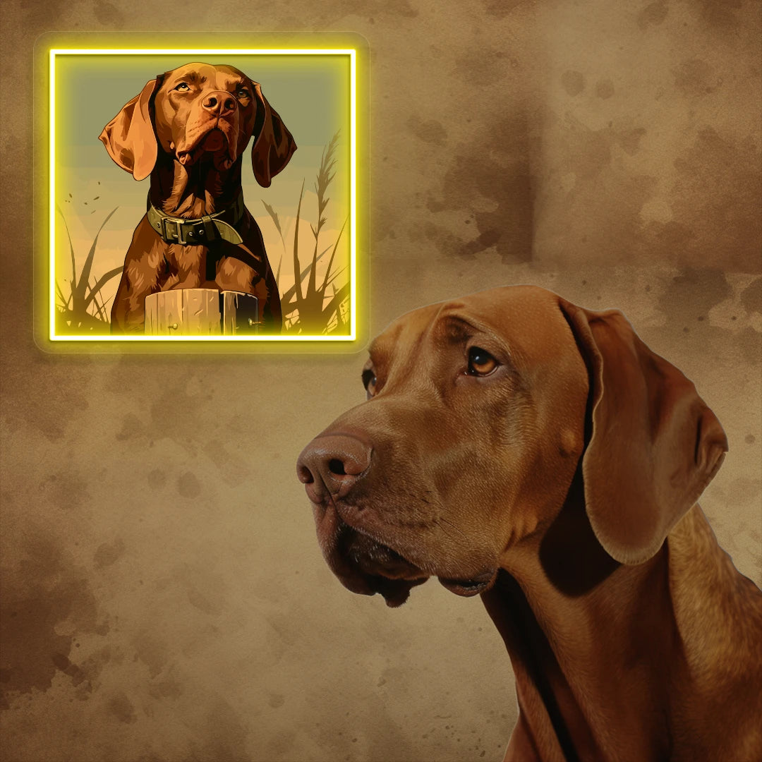 Vizsla Close up Portrait Neon Artwork in yellow color