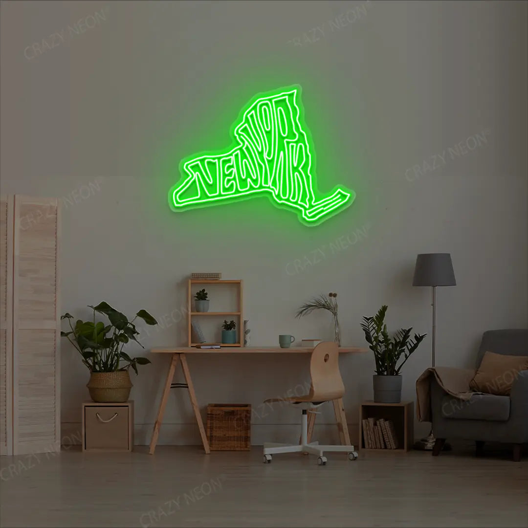 NEW YORK Map Neon Sign lighting up in green color in a room