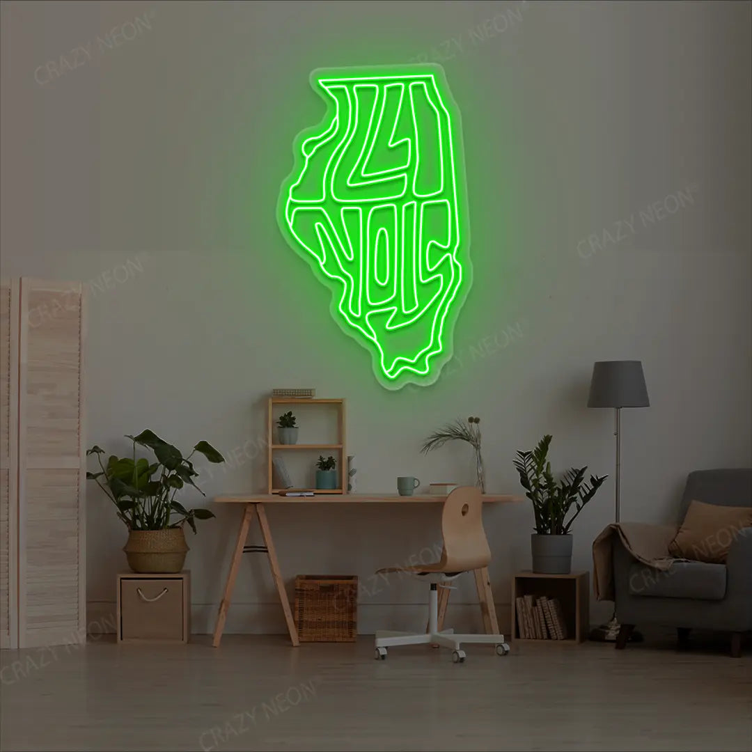 ILLINOIS Map Neon Sign lighting up in green color in a room
