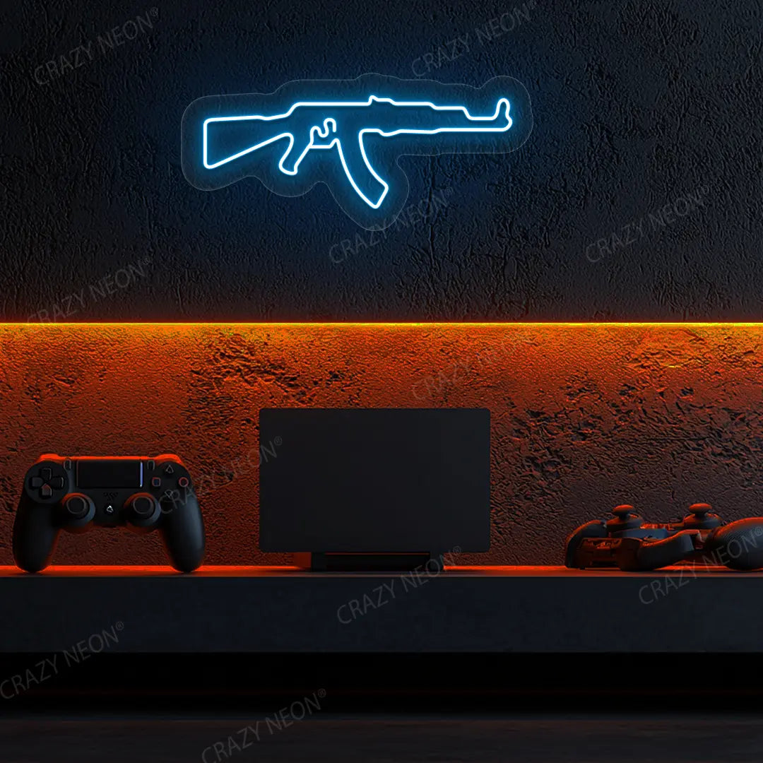AKM Gaming Gun Neon Sign in Iceblue color