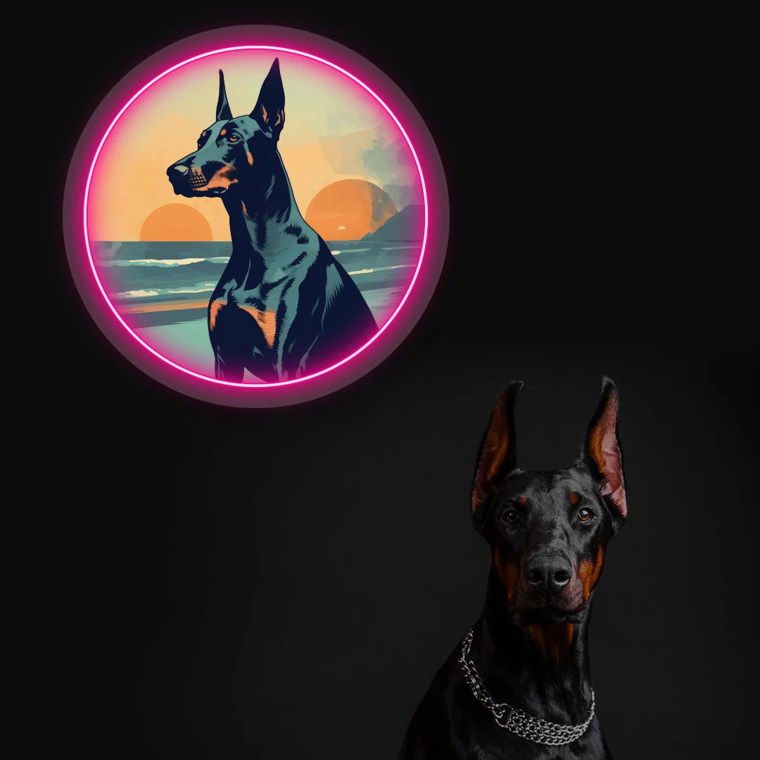 Twin Sunset Beach Doberman Neon Artwork in pink color