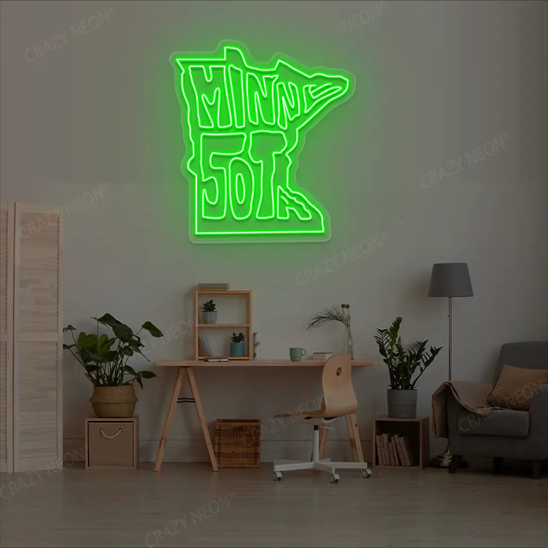 MINNESOTA Map Neon Sign lighting up in green color in a room