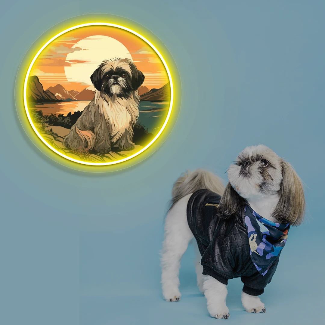 Sunset Lake Shih Tzu Portrait Neon Artwork in Yellow color
