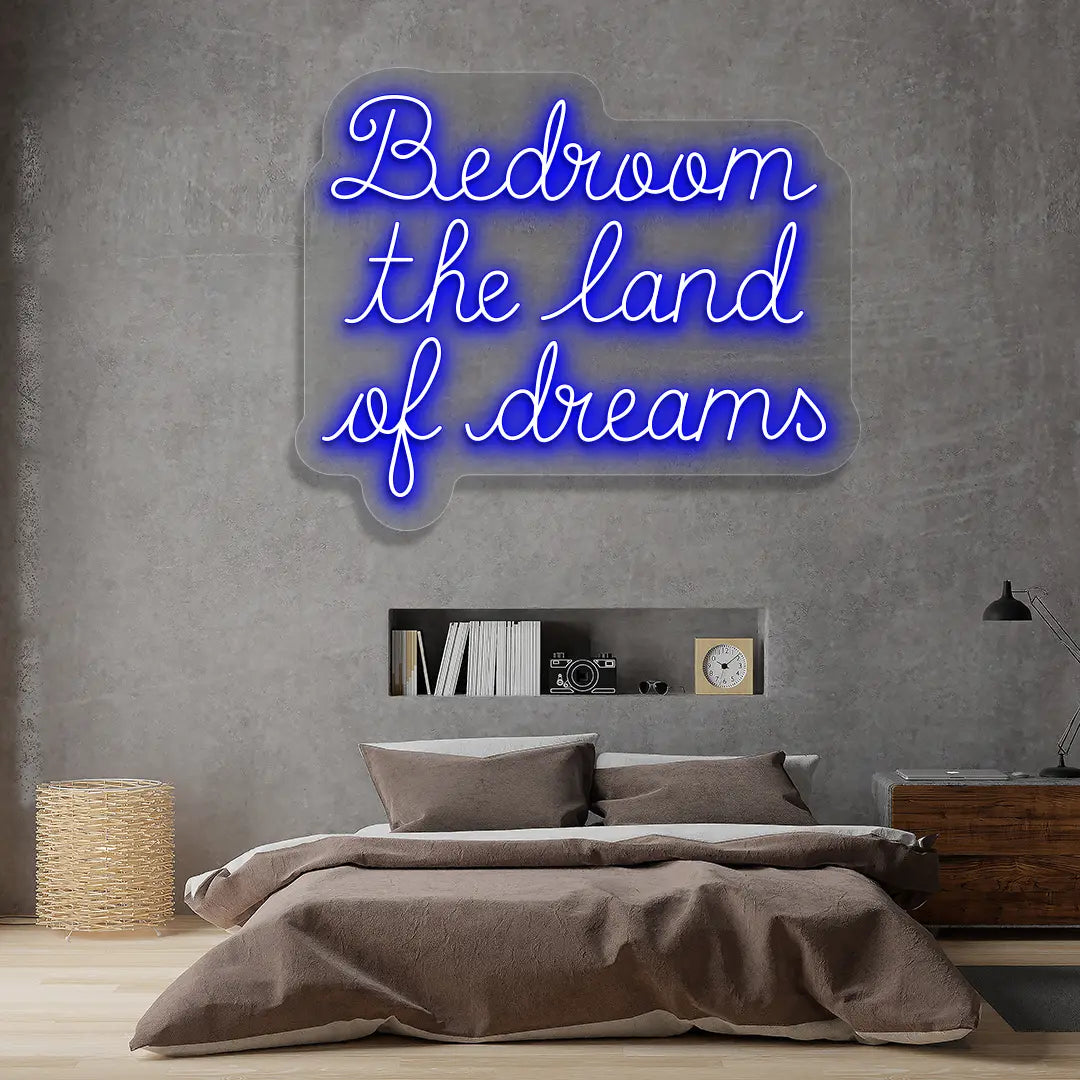 blue bedroom the land of dreams neon sign mounted on a wall