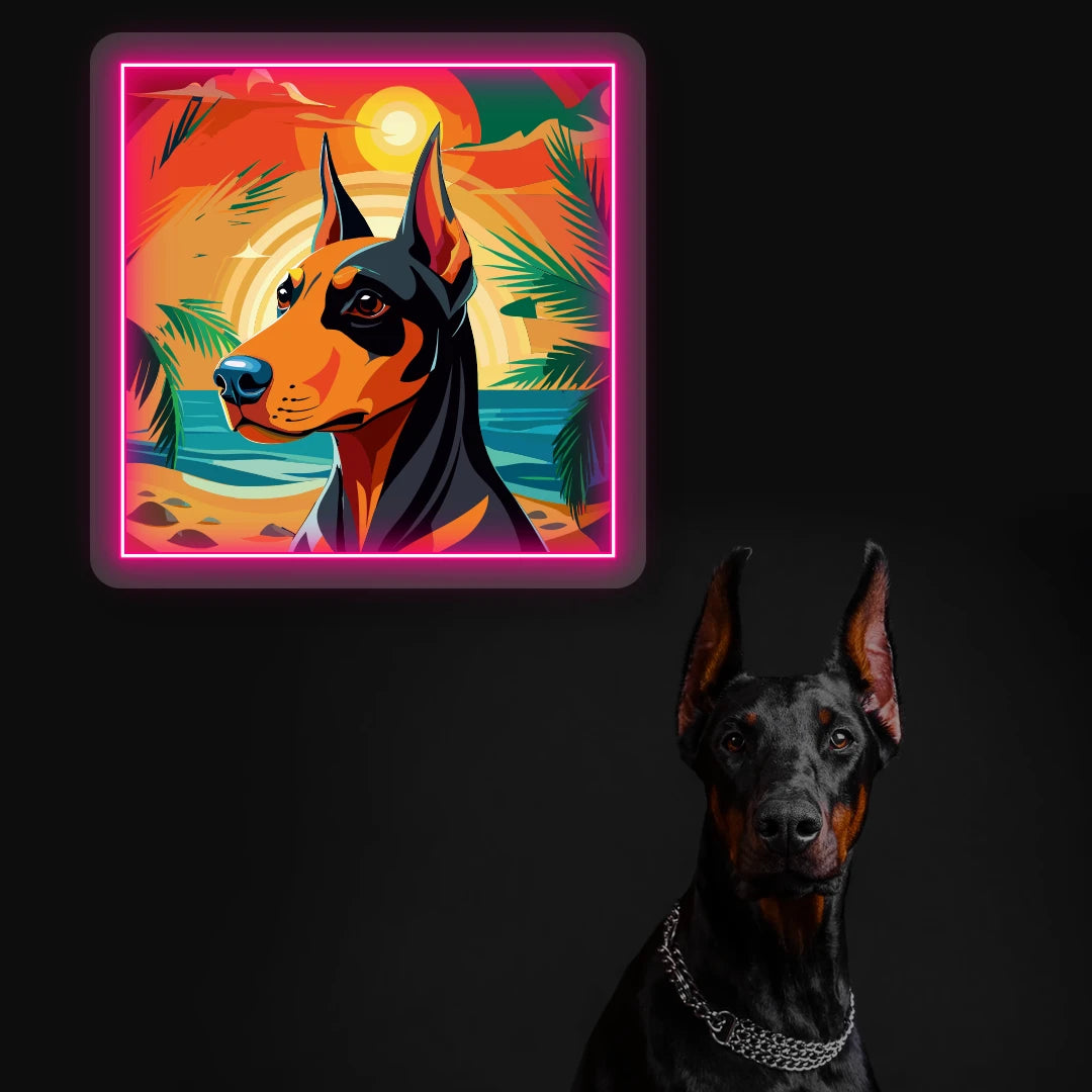 Tropical Sunset Doberman Neon Artwork in Pink Color
