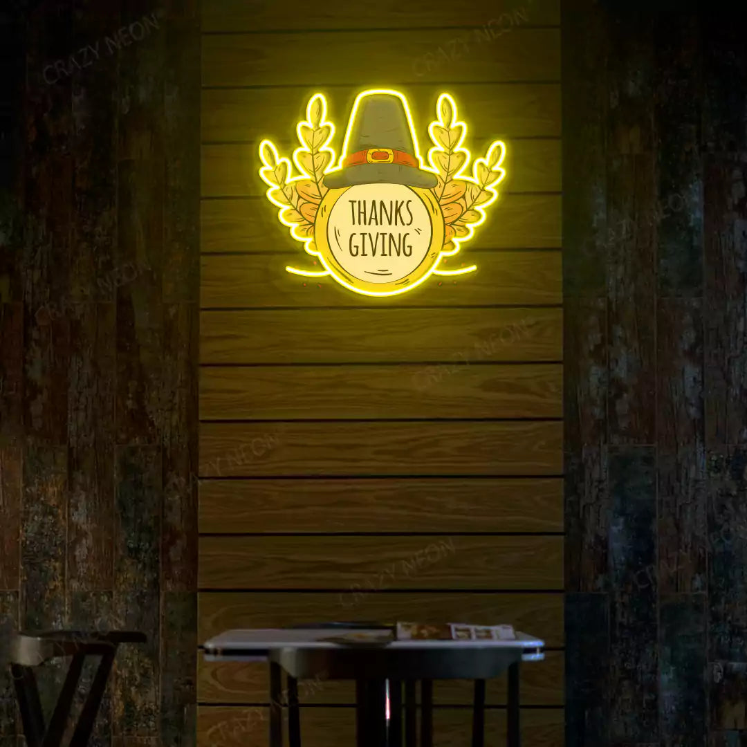 Pilgrim hat and wheat thanksgiving neon sign in yellow