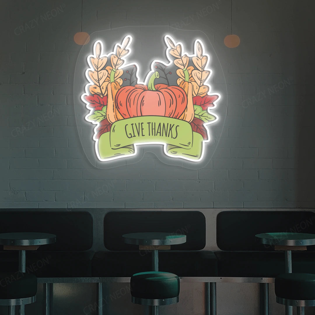 Pumpkin harvest give thanks neon sign in white