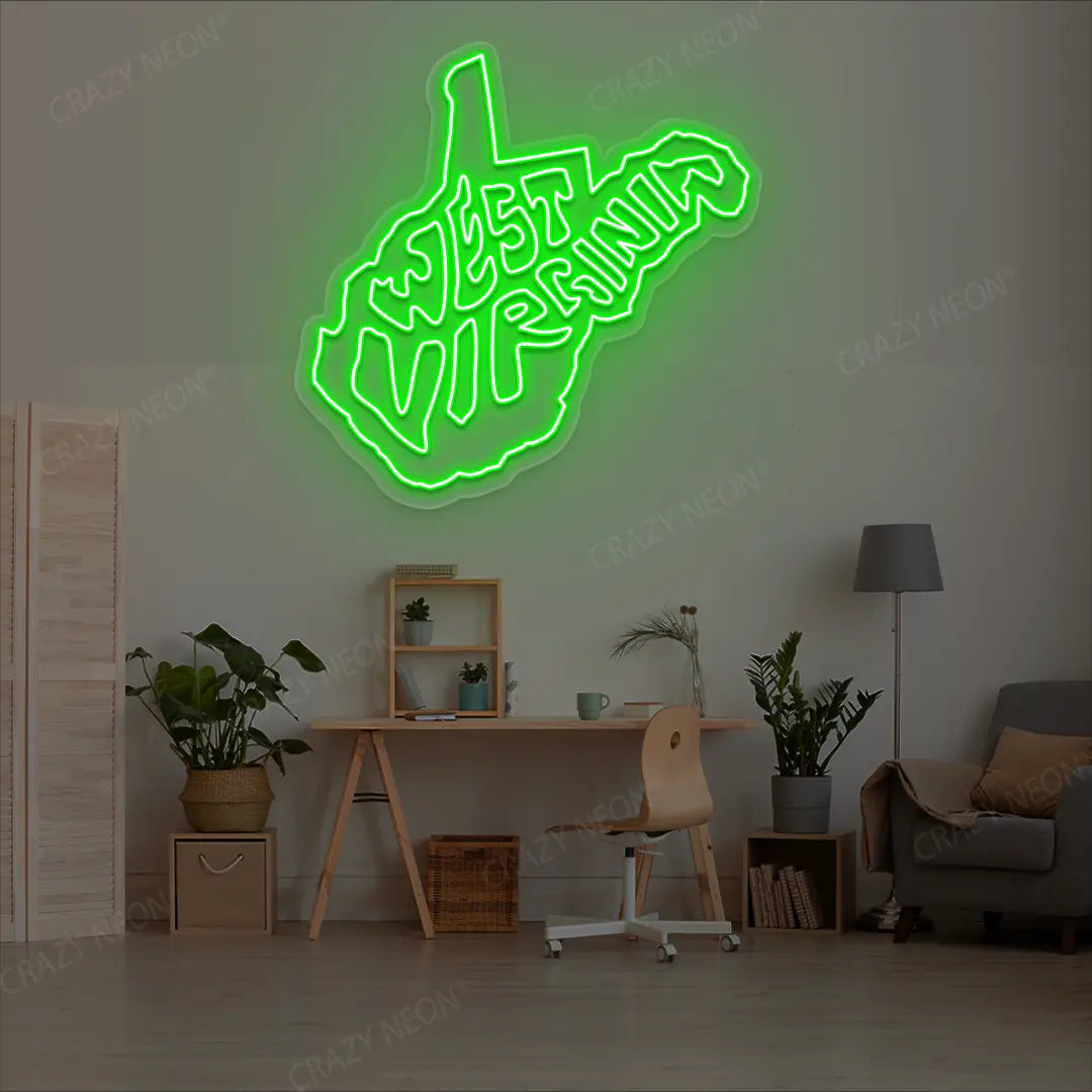 WEST VIRGINIA Map Neon Sign lighting up in green color in a room