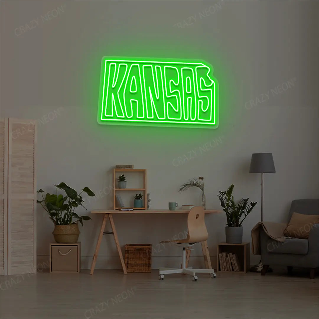 KANSAS Map Neon Sign lighting up in green color in a room