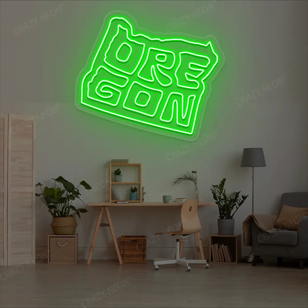 OREGON Map Neon Sign lighting up in green color in a room