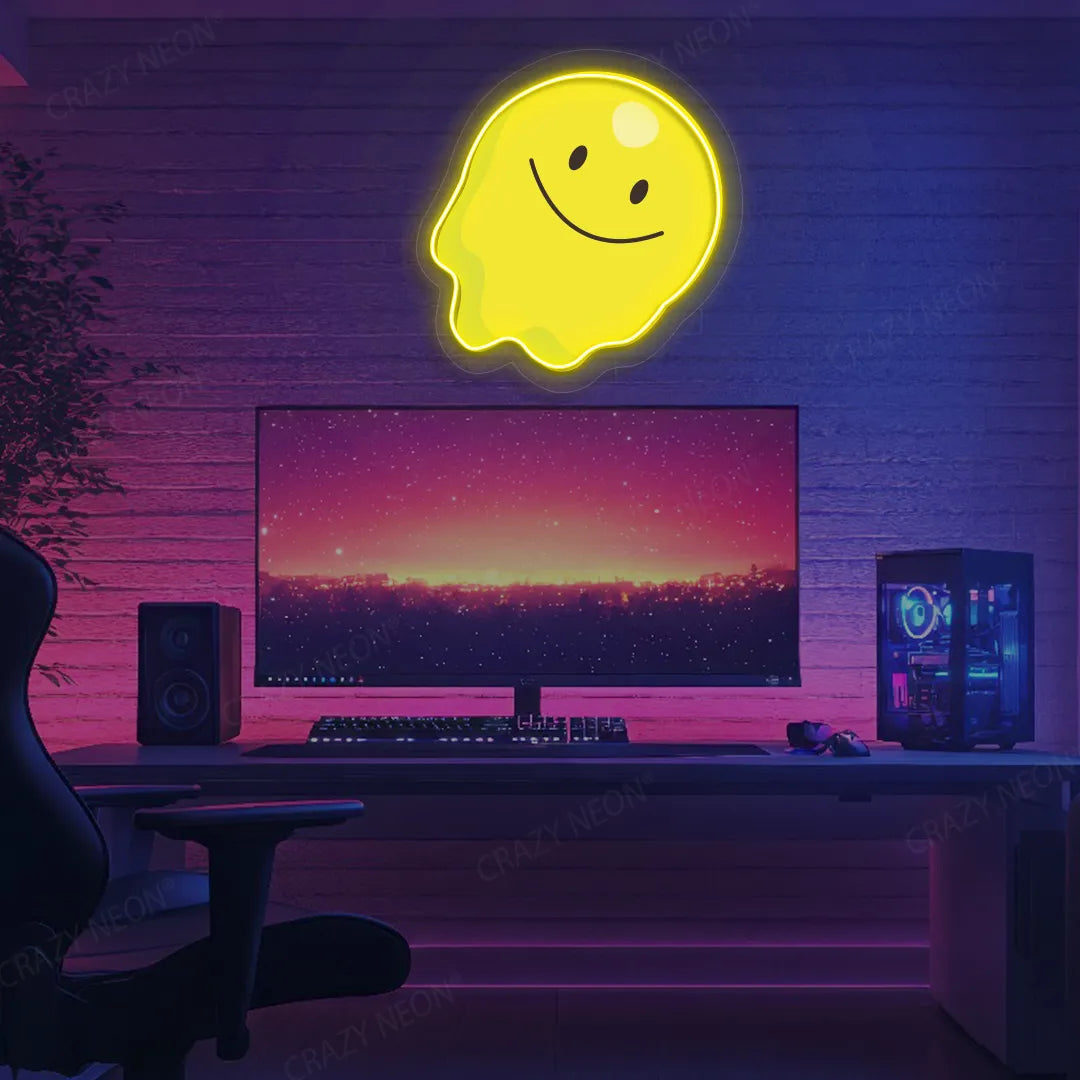 Melting Smiley Face Emoji Neon Artwork | Yellow