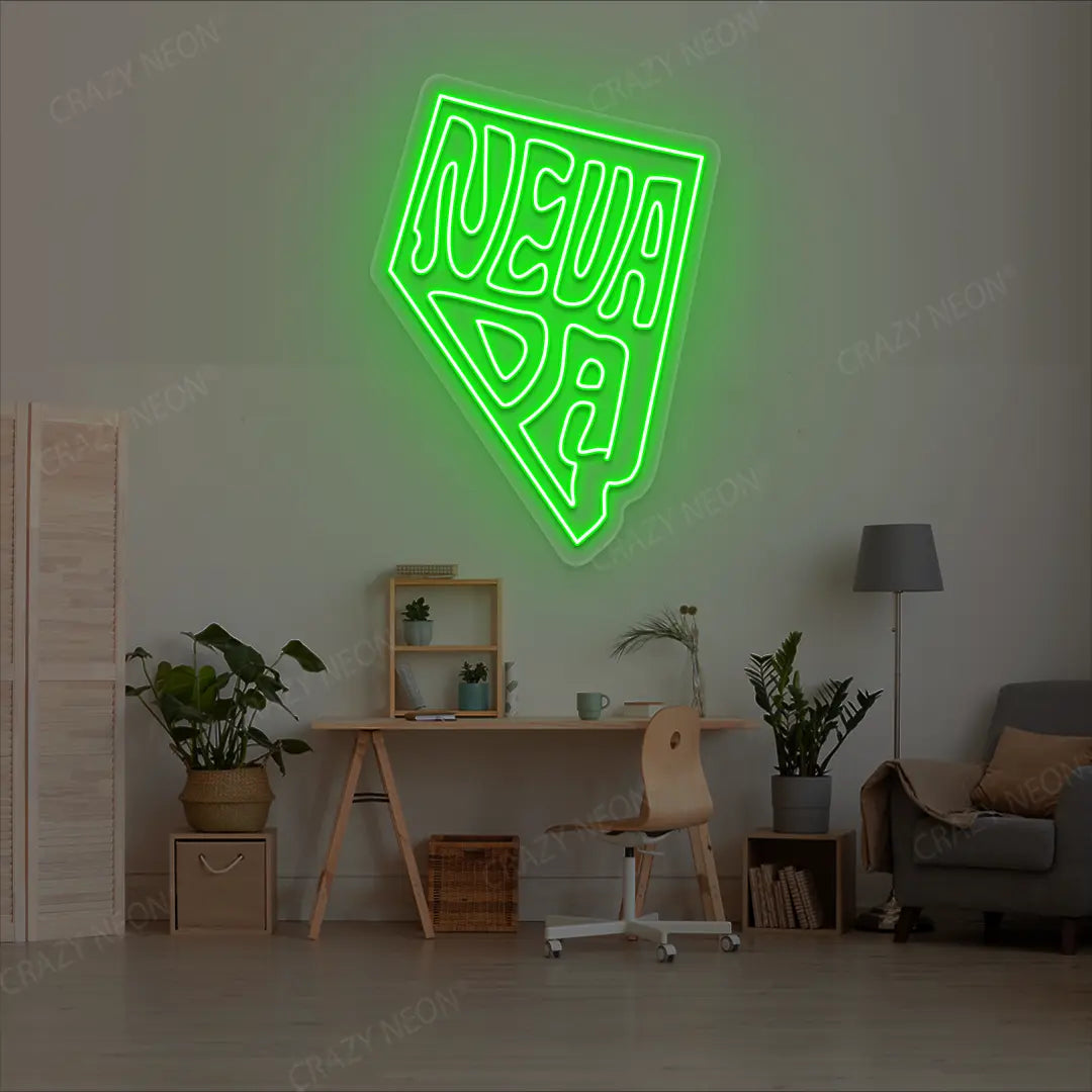 NEVADA Map Neon Sign lighting up in green color in a room