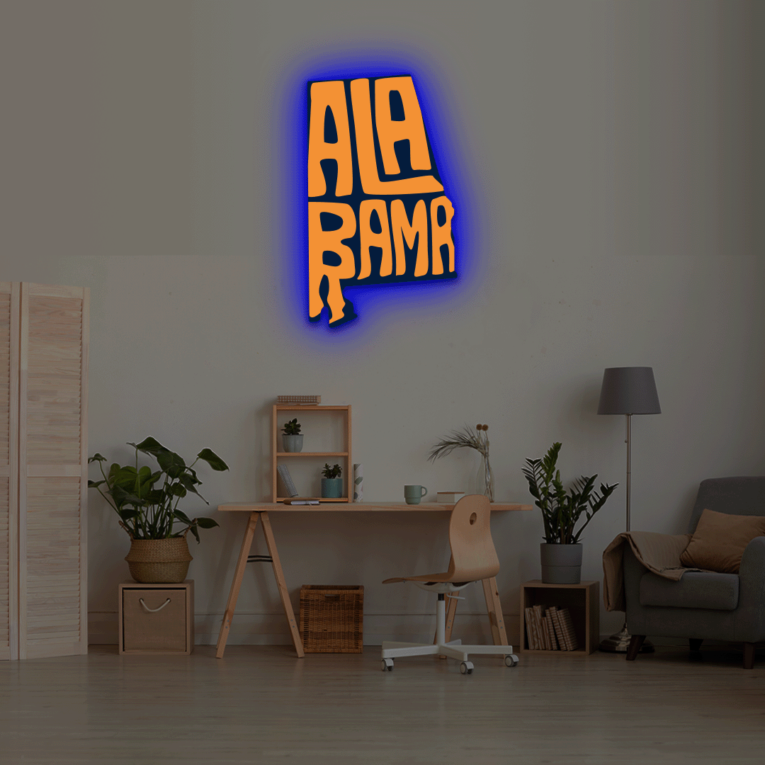 Alabama map backlit metal wall art vinyl print with RGB color changing LED backlight