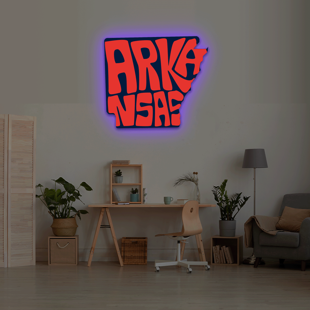 Arkansas map backlit metal wall art vinyl print with RGB color changing LED backlight