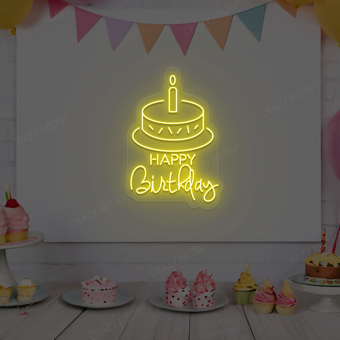 Happy Birthday With Cake Neon Sign | Yellow