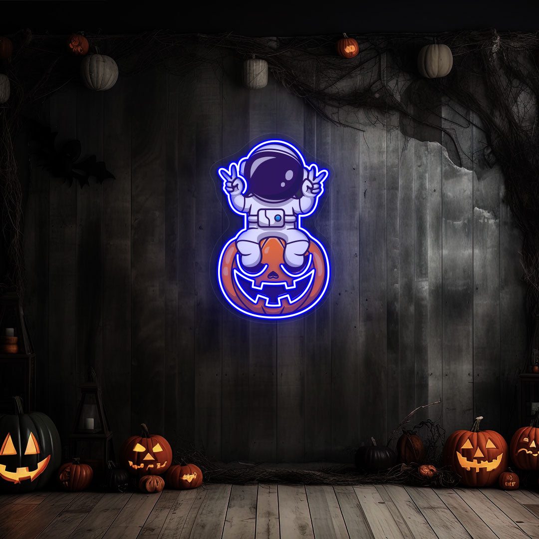 Astronaut On Pumpkin Neon Artwork | Blue
