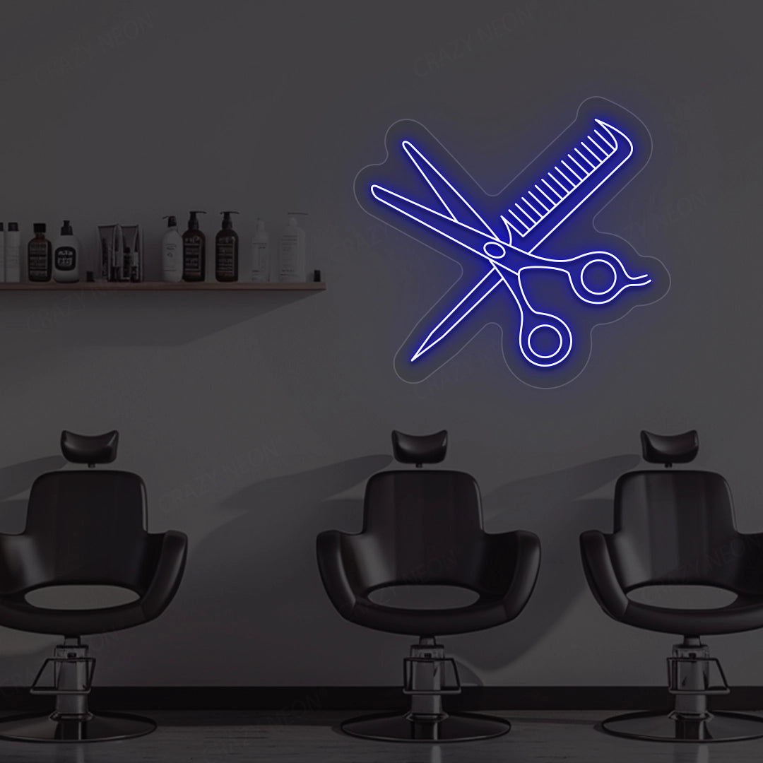 Scissors Comb Neon Sign | blue