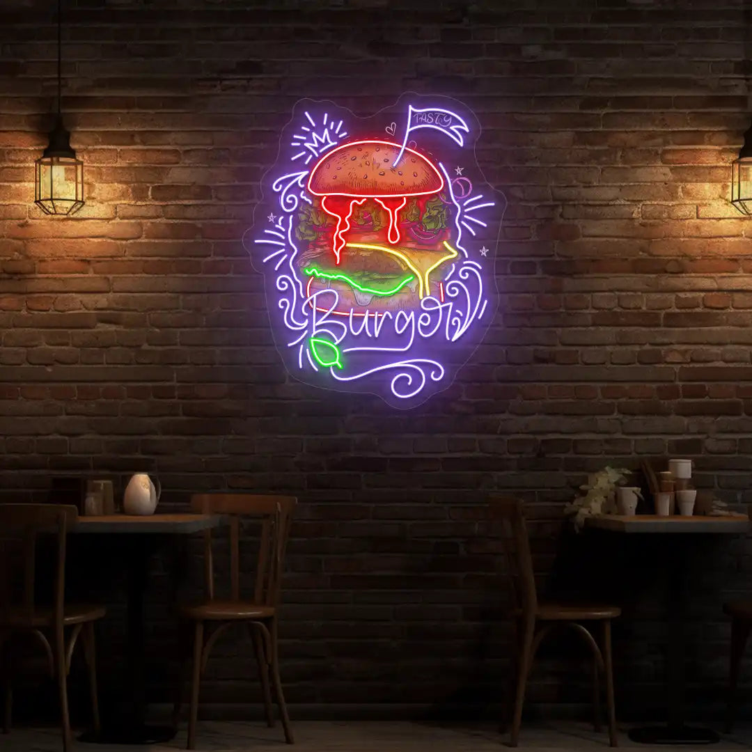 purple burger burst neon sign mounted on a wall