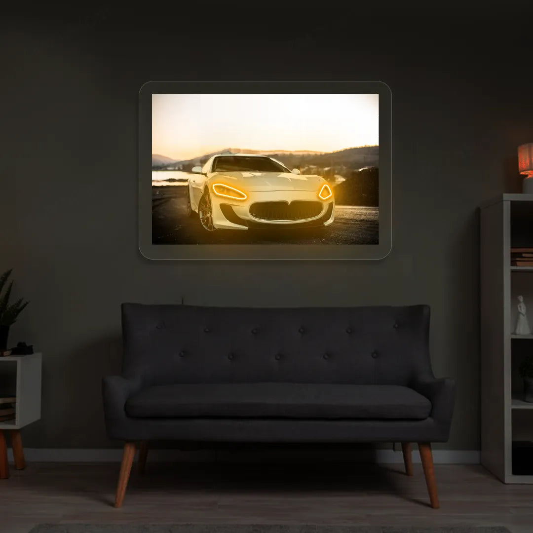 White Supercar Headlight Neon Artwork | Orange