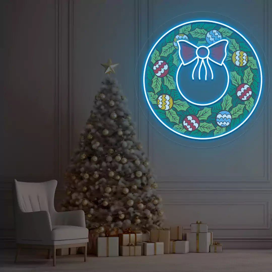 Festive Ornament Wreath Neon Artwork | Iceblue