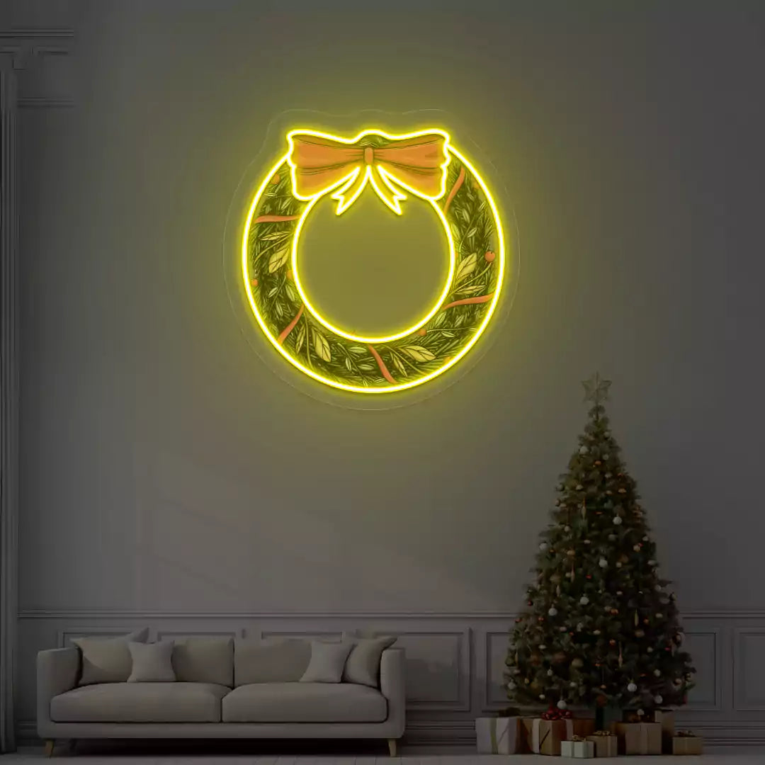 Holiday Wreath with Bow Neon Artwork | Yellow