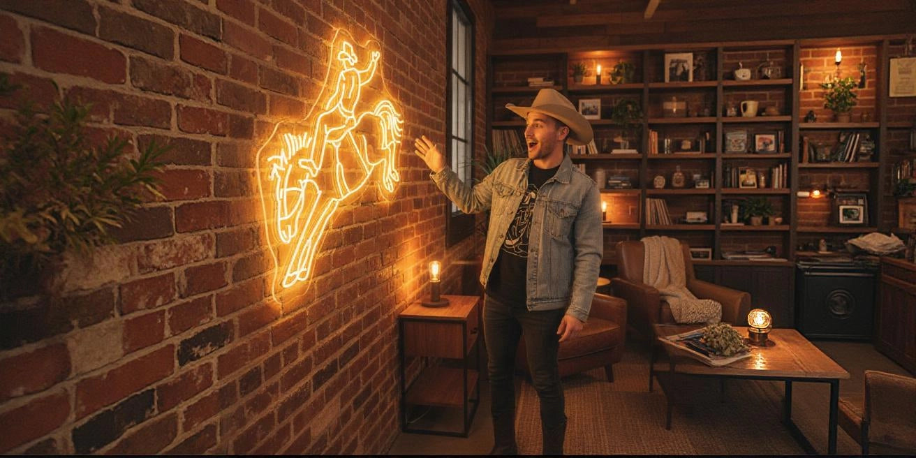 Smiling man in cowboy hat and denim jacket pointing at yellow neon sign of cowboy on bucking horse on brick wall in rustic living room