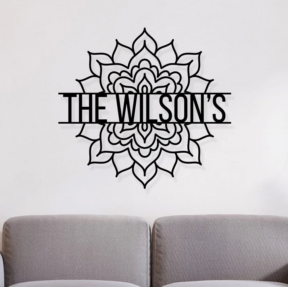 Personalized Mandala Metal Sign in Black colour mounted on wall
