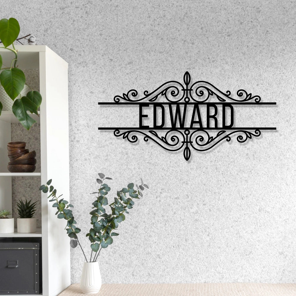 Personalized Ornate Metal Name Sign in black colour mounted on wall