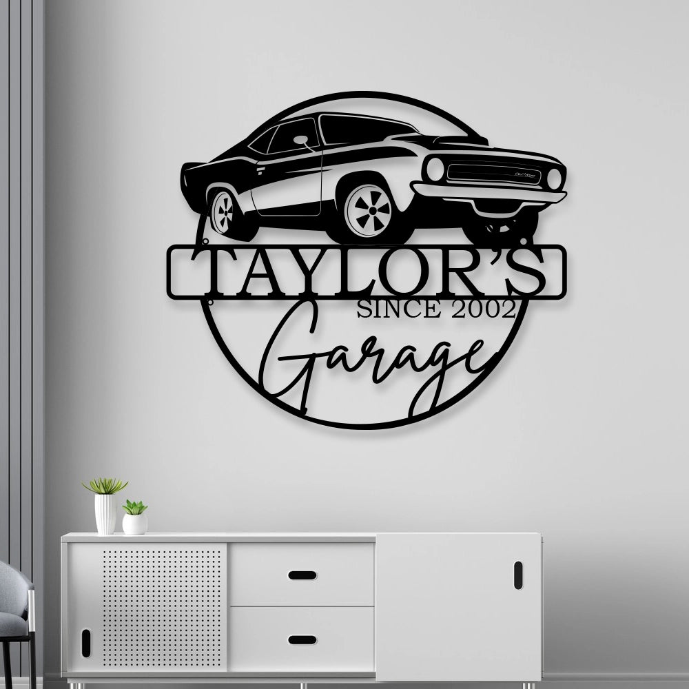 Personalized Metal Garage Sign in Black colour mounted on wall