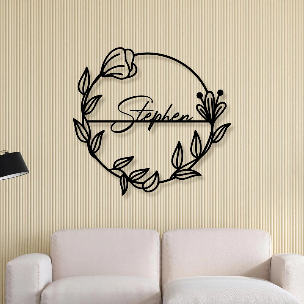 Personalized Floral branch Metal Name Sign in black colour mounted on wall