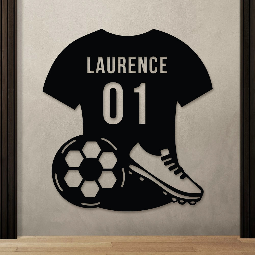 Personalized Soccer Jersey Monogram Metal Sign in black colour mounted on wall