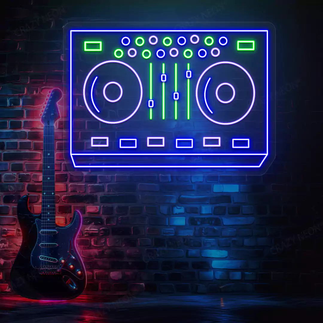 DJ Controller Neon Sign in Purple and green colour mounted on wall