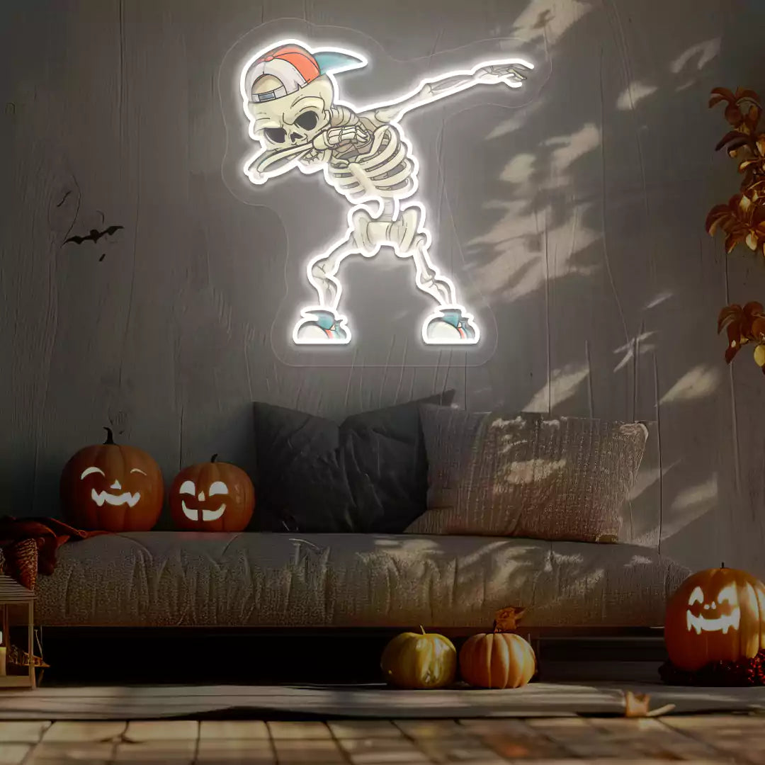 Dabbing Skeleton Neon Artwork | White