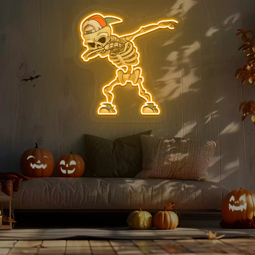 Dabbing Skeleton Neon Artwork | Orange