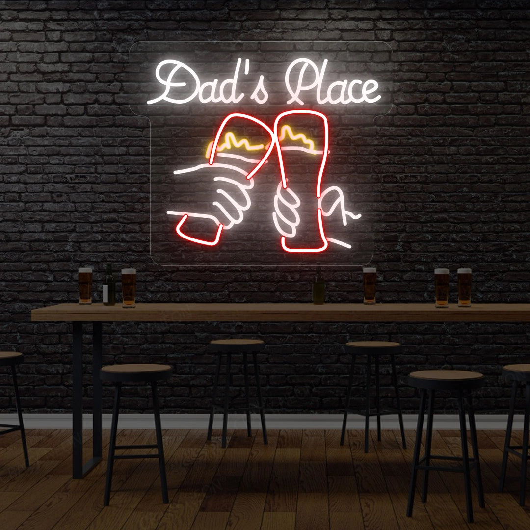 Dad’s Place Neon Sign - Cheers Beer Glasses LED Light | White