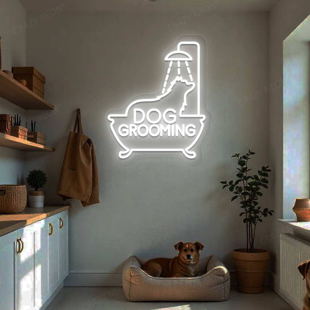 Dog Grooming Neon Sign | White