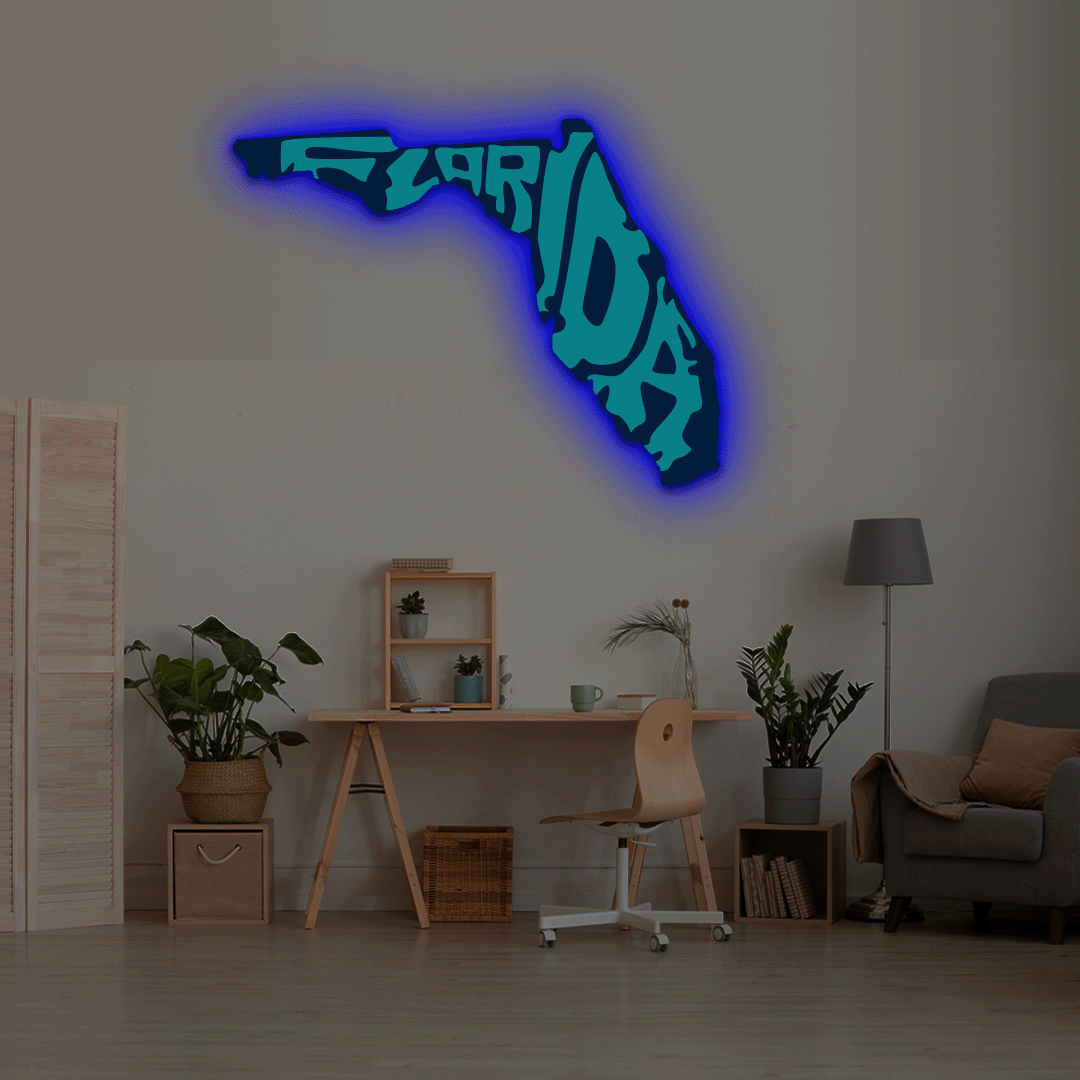 Florida map backlit metal wall art vinyl print with RGB color changing LED backlight
