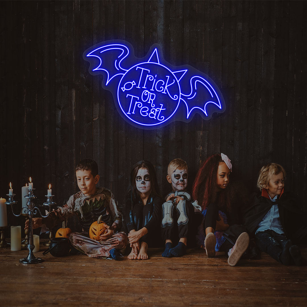 Trick Or Treat With Wings Neon Sign | Blue
