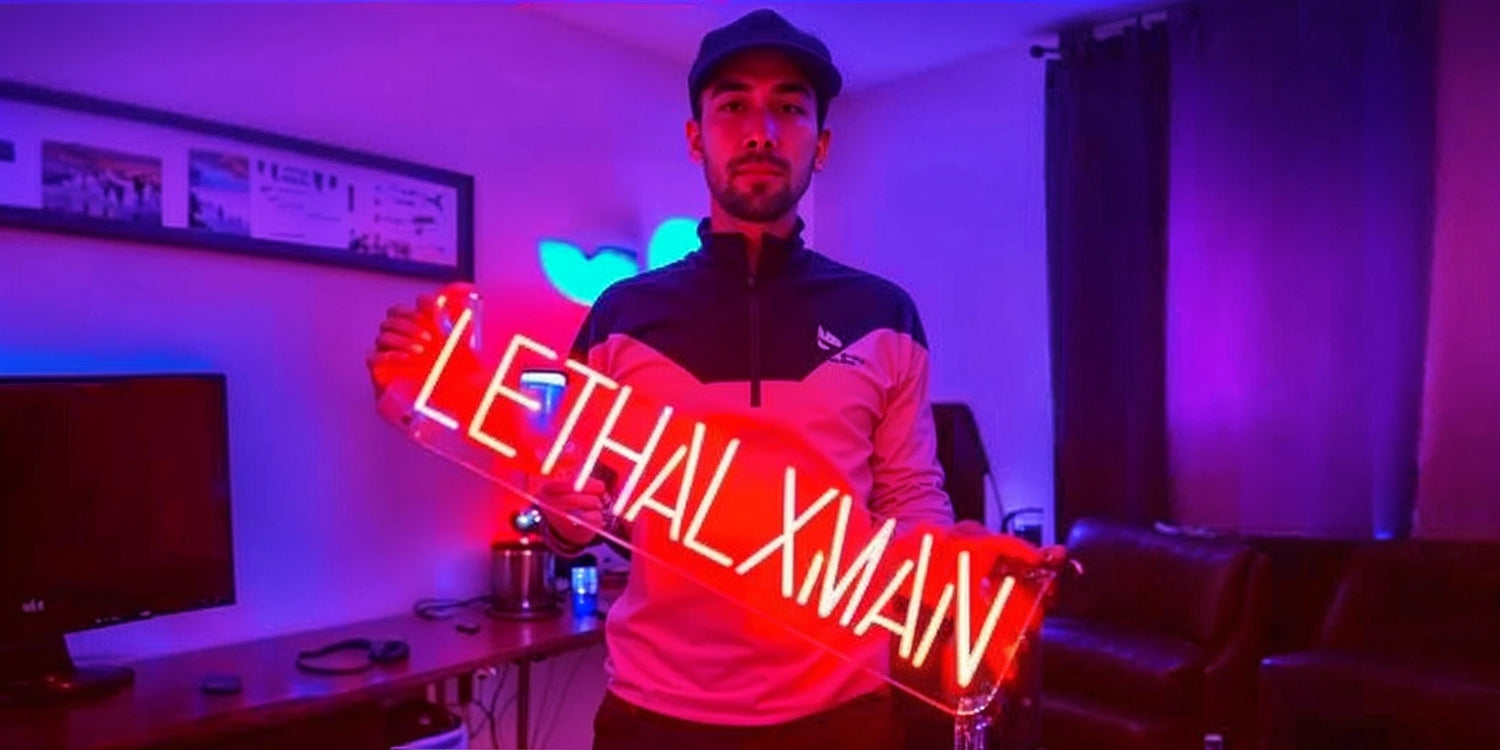 Person holding LethalXMan neon sign in LED-lit gaming room with purple glow
