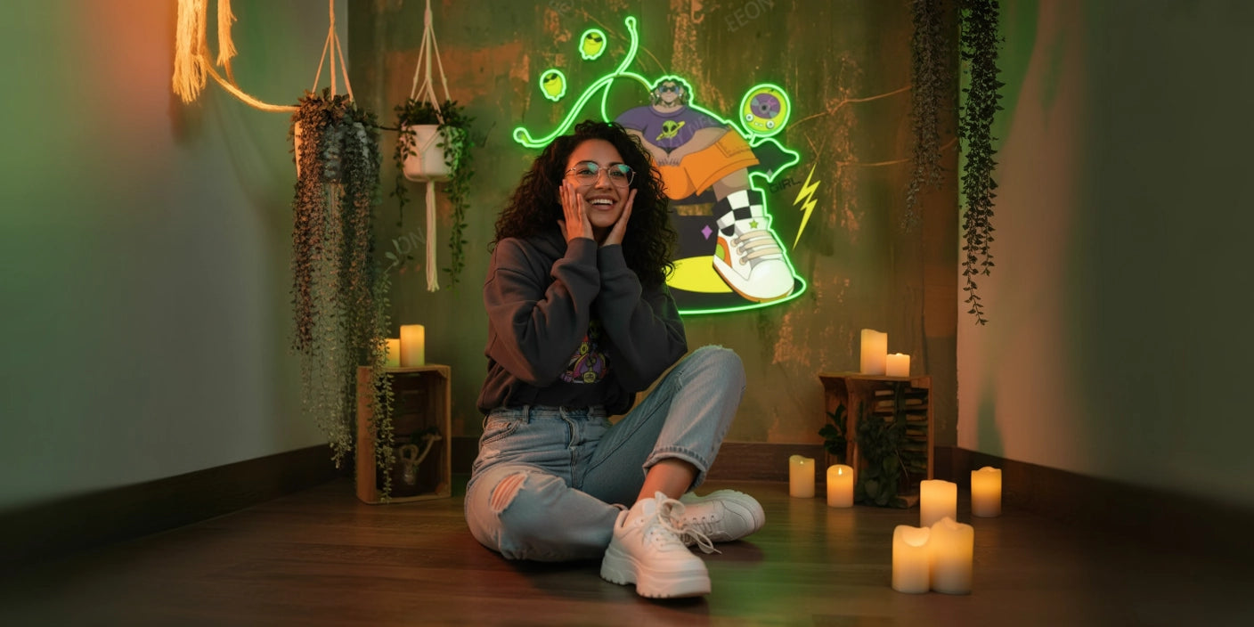 Smiling woman with curly hair and glasses sitting on floor surrounded by candles and plants, with vibrant Gen Z themed neon sign artwork on wall