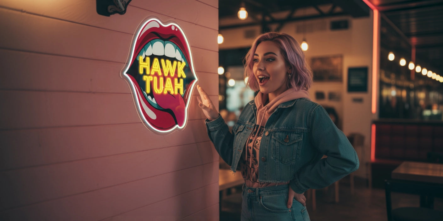 Woman with pink hair smiling and pointing at Hawk Tuah neon sign shaped like open mouth in trendy cafe