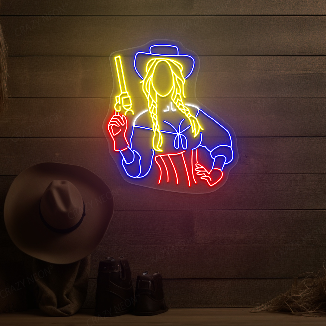 Female Gunslinger Neon Sign | Blue - Yellow