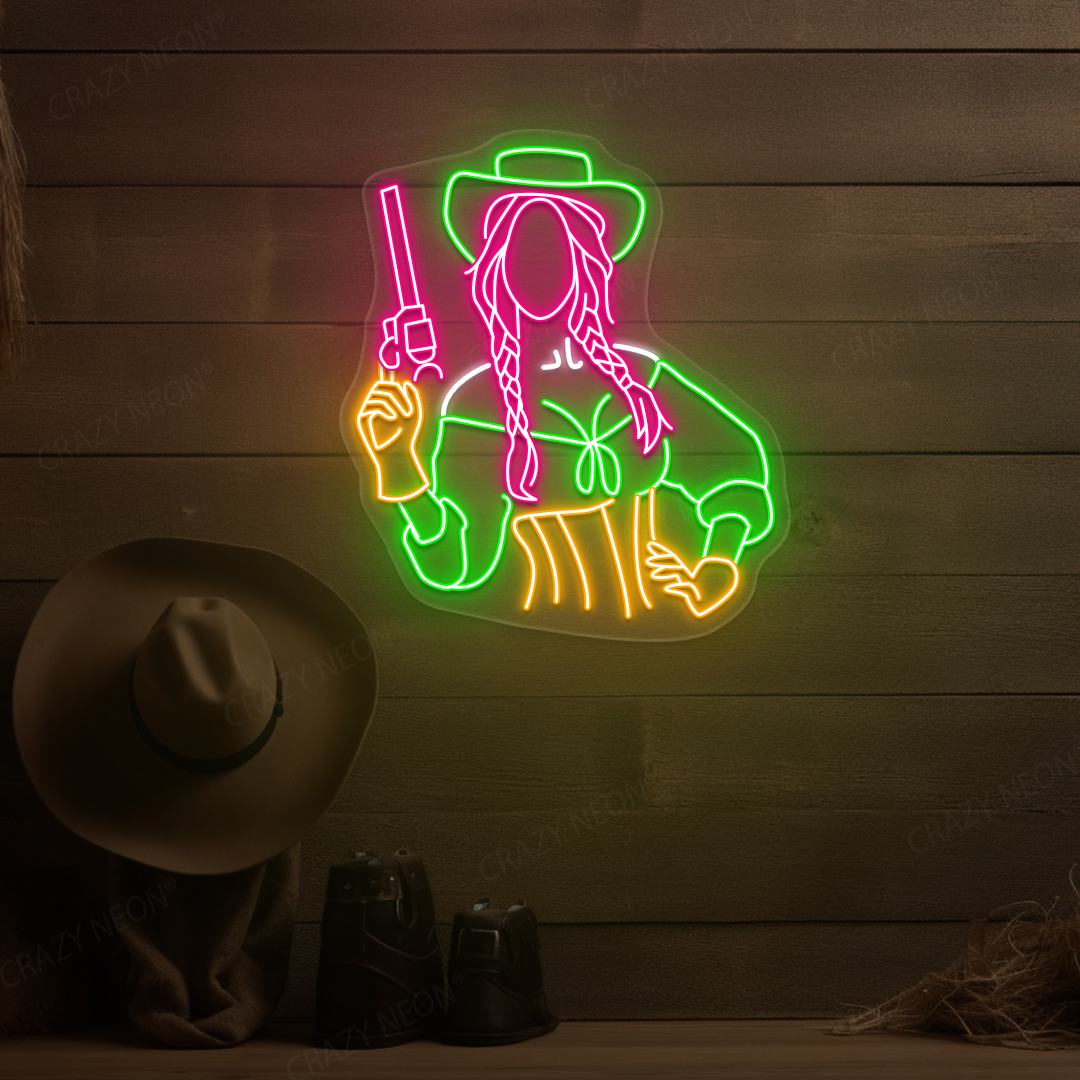 Female Gunslinger Neon Sign | Pink - Green
