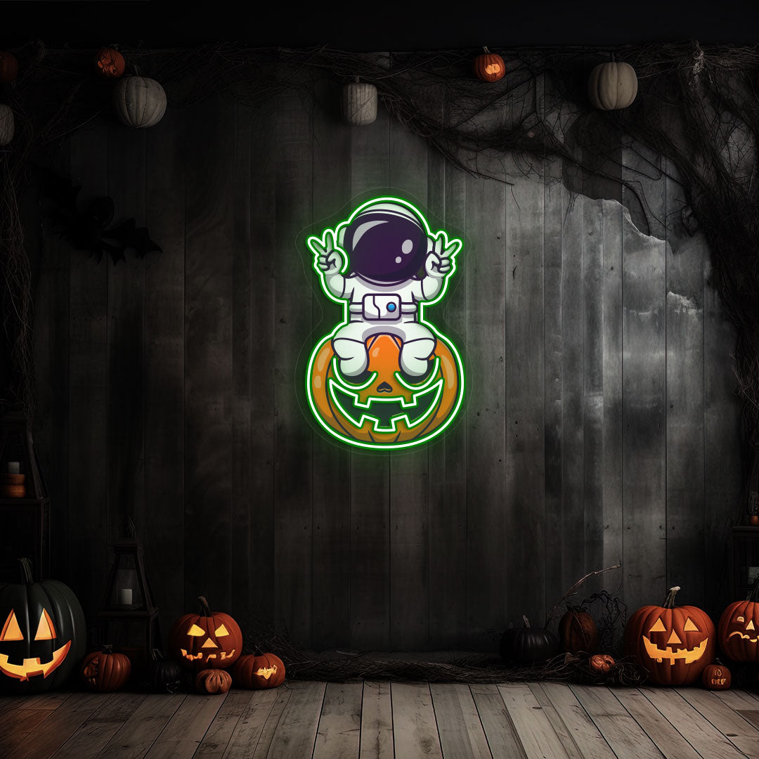 Astronaut On Pumpkin Neon Artwork | Green