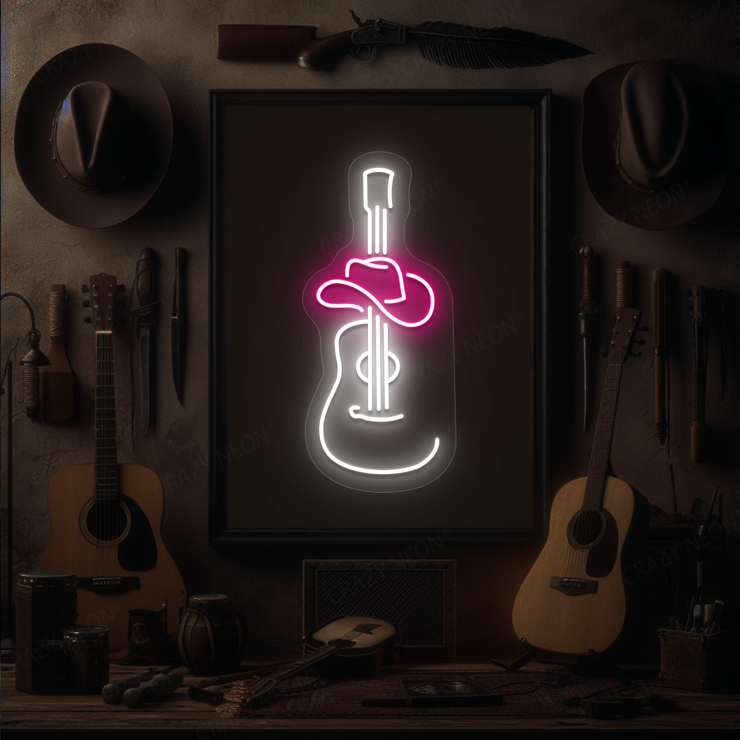 Cowboy Guitar & Hat Neon Sign | Pink