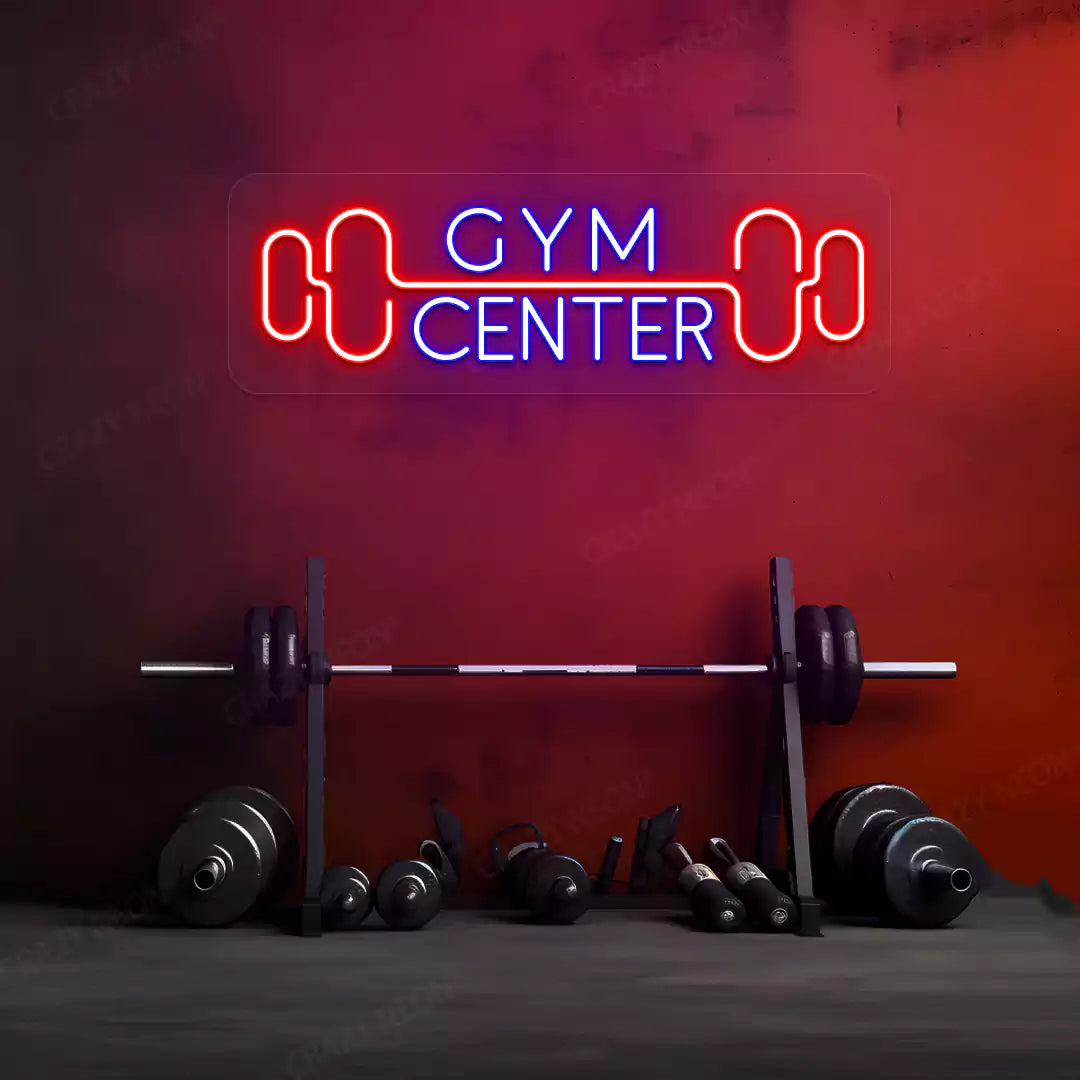 blue and red gym center neon sign mounted on a wall